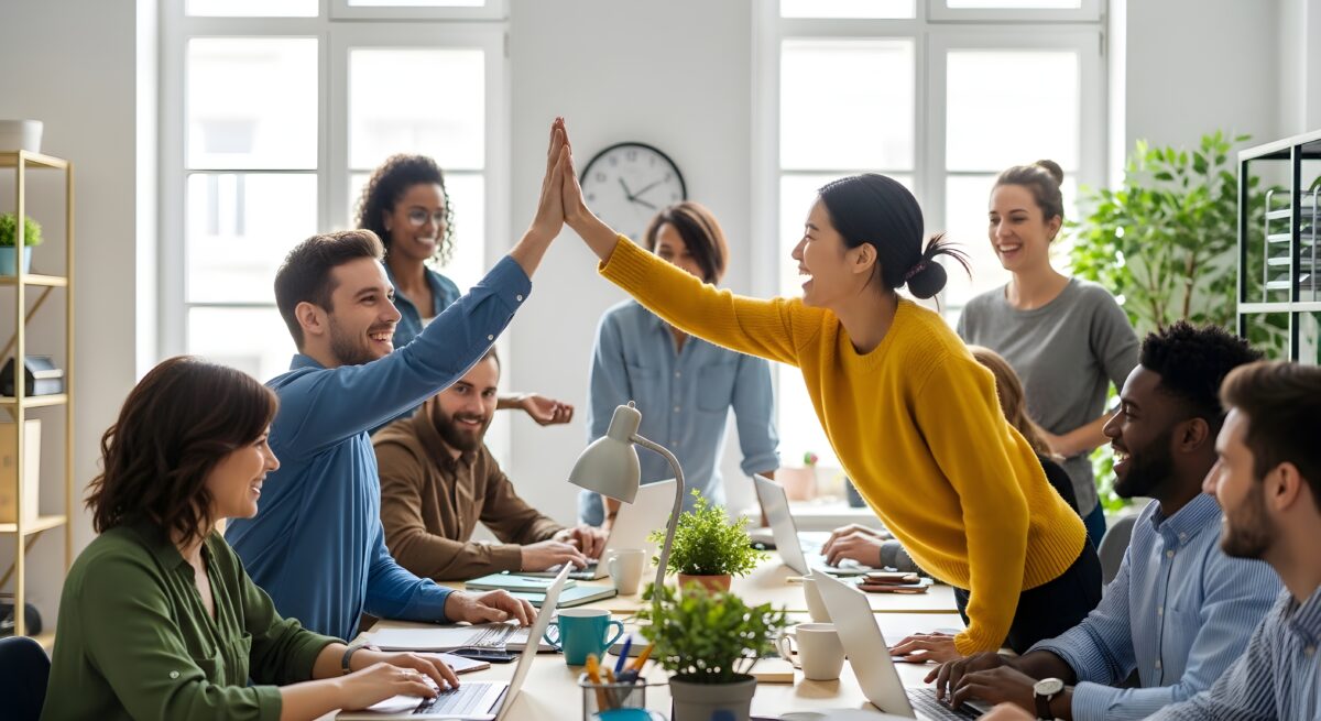 Authentic Office Scene With Diverse Colleagues Celebrating Success With A High Five, Fostering Teamwork And Collaboration In A Positive Environment