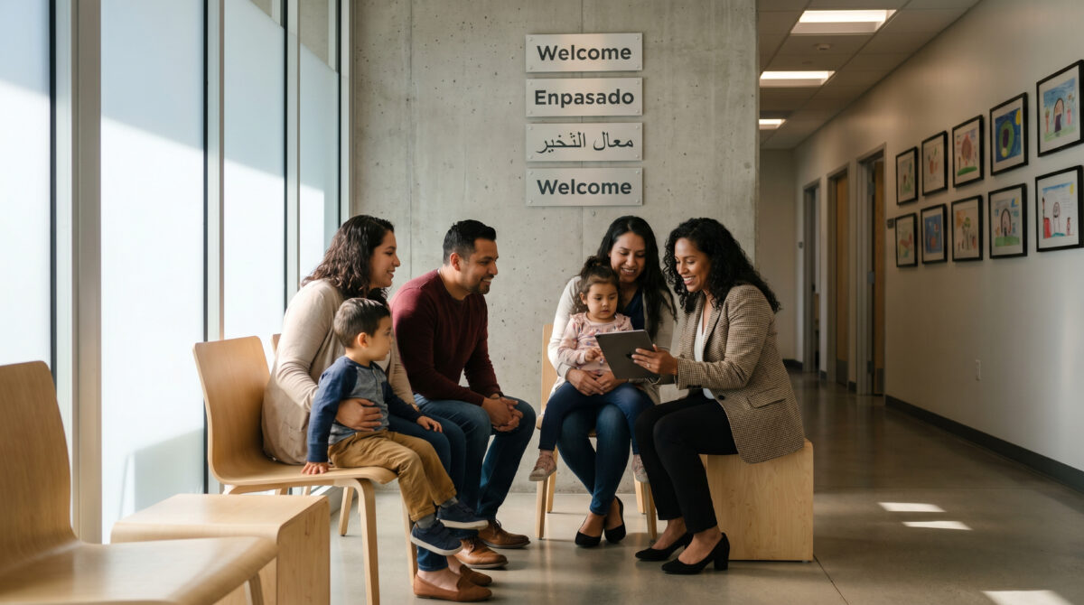 Immigration Attorney Demonstrating Immigration Form Automation Workflow To Newly Arrived Family In Cultural Nonprofit Reception Area, Multil